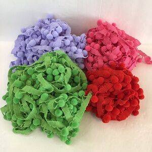 Craft DIY 4 Colorful Red Lime Hot Pink Lavender Yards Pom Pom Trim Lot